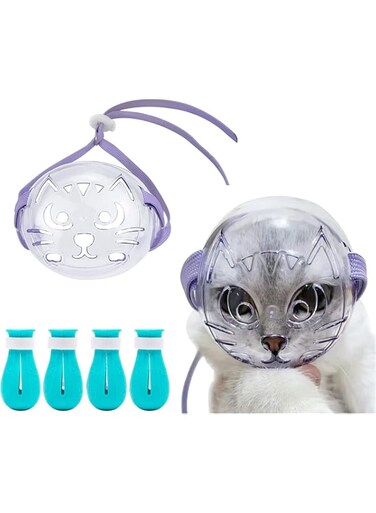 Azonee Cat Muzzle for Grooming, Cat Mouth Cover Set with Adjustable Hood, Breathable Anti Bite Air Muzzles, Claw Covers for Grooming, Silicone Anti-Scratch Boots, Cat Paw Protector for Bathing