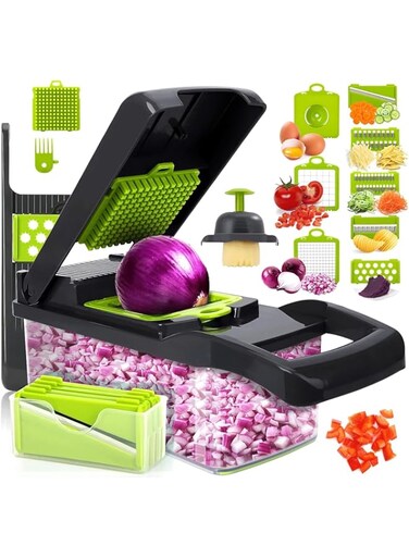 Artbros Vegetable Chopper, Veggie Chopper 13 in 1 Multifunctional Vegetable Cutter, Onion Food Chopper with Container, Cheese Grater Mandoline Slicer Dicer for Kitchen, Grey