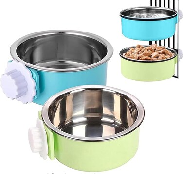 SWIUKPHE Crate Dog Bowl, Removable Stainless Steel Hanging Pet Kennel Cage Bowl Food &amp; Water Feeder Coop Cup for Puppy, Cat, Rabbit 2PCS, Blue,Green