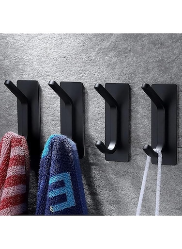 AMROAH 4pcs Stainless Steel Adhesive Hooks Wall Mounted, Heavy Duty Storage Wall Mount Hooks for Hanging Coat Clothes Towels Hat Bags for Home Entryway Bathroom Bedroom Kitchen Living Room (Black)
