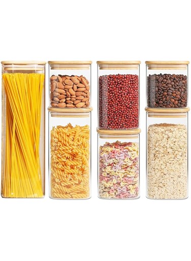 VAODO Airtight Food Storage Container Set, 7 Piece Plastic Kitchen and Pantry Organizer Jars with Bamboo Lid, BPA Free, for Flour, Cereal, Candy, Coffee, Tea, Cookies, Sugar, Nuts