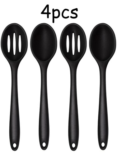 Pcs Silicone Spoons for Cooking 10.6 Inch Large Nonstick Serving Spoons Heat Resistant Slotted Spoon for Mixing &amp; Stirring Kitchen Cooking Utensils, Dishwasher Safe(Black)