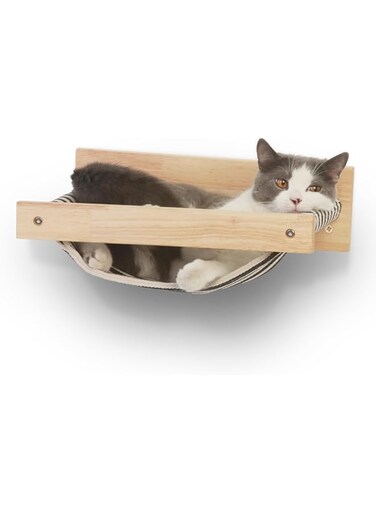 Cat Hammock Wall Mounted, Kitty Beds and Perches, Wooden Cat Wall Furniture, Stable Cat Wall Shelves for Sleeping, Playing, Climbing, and Lounging, Black Stripe Cat Shelves