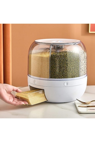 6-Grid Rotating Rice &amp; Grain Dispenser, 5KG Moisture-Resistant Storage Box with Lid for Kitchen