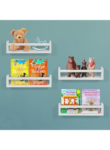 Bolivia's Natural Wood Floating Shelves, Wall Bookshelf for Kids Bedroom, 42cm Nursery Shelves Set of 4 for Nursery Room Wall Decor, Wall Mounted Shelves for Decor Storage, Toys and Books (White)