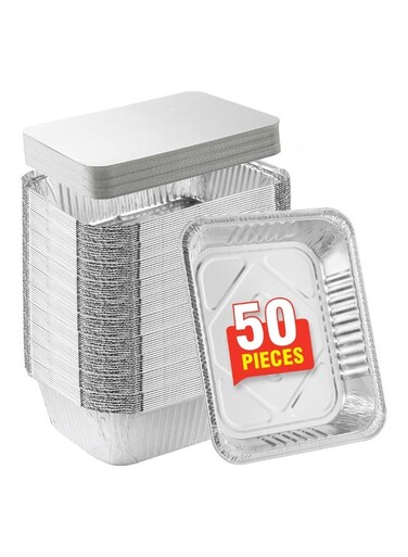 Disposable Food Storage Aluminium Foil Food Containers with Lids, 50 Pieces, 13.5 x 12 x 4.5 cm, Rectangular