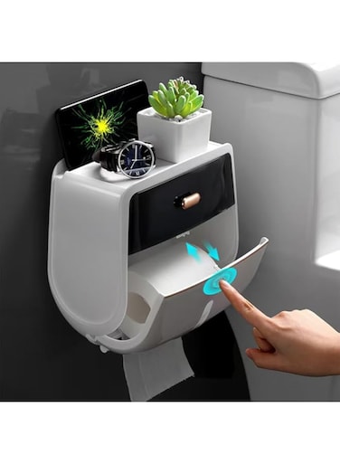 Wall mounted toilet paper holder, paper towel holder, wall mounted tissue box, bathroom waterproof paper holder, toilet paper roll holder with storage box, white