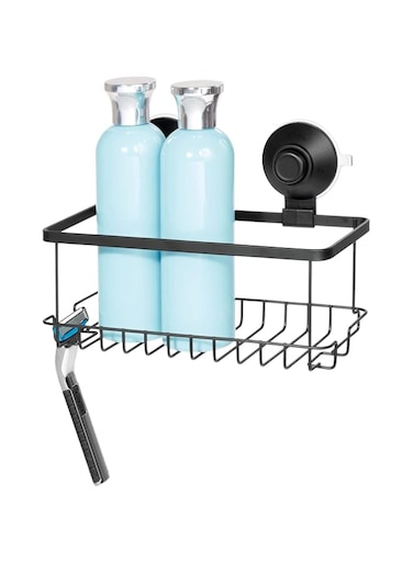 iDesign Everett Metal Push Lock Suction Shower Caddy, Extra Space for Shampoo, Conditioner, and Soap with Hooks for Razors, Towels, Loofahs, and More, 9.1" x 4.53" x 3.63", Matte Black