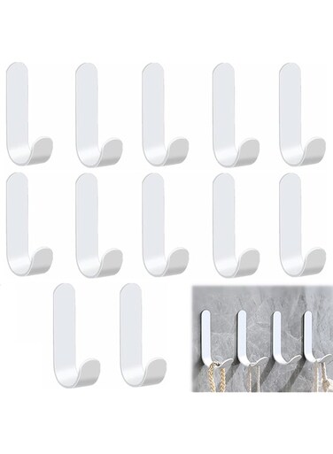 12 Pcs Adhesive, Stainless Steel Wall, Coat, for Hanging, Heavy Duty Closet Hook Hold 40lbs, Wall Mounted Hooks for Clothings, Hat, Key, Towel, Shower (White)