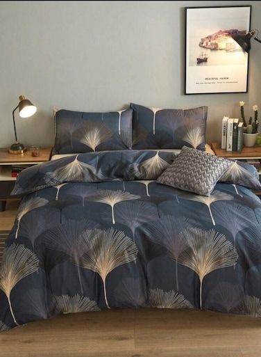 Home King size bedding Set without filler, Elegant Leaves Design, dark blue and beige/gold pattern.