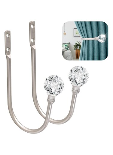 SEGNAYEN Curtain Holdbacks for Wall, Curtain Tieback Hooks Crystal Ball 2 Pack Silver Decorative Modern Drapery Pull Backs Heavy Duty Metal Window Treatment Holdback Curtain Hook Holders for Drapes