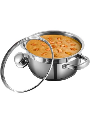Bremen Stainless Steel Saucepot with Glass Lid, 2 Litre, 18 cm   2.5mm Thick Base   Riveted Handle   Induction &amp; Gas Base   Silver