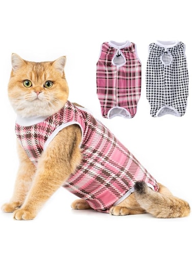 Avont 2 Pck Cat Recovery Suit - Kitten Onesie for Cats After Surgery, Cone of Shame Alternative Surgical Spay Suit for Female Cat, Post-Surgery or Skin Diseases Protection -Black/Pink Plaid (L)