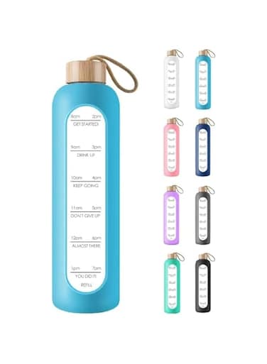 Silk Route - 32 Oz Borosilicate Glass Water Bottle with Time Marker Reminder Quotes, Leak Proof Reusable BPA Free Motivational Water Bottle with Silicone Sleeve and Bamboo Lid