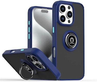Iphone 16 Pro Case Cover Metal Ring Holder Grip Kickstand Car Magnetic Mount Shockproof Matte Hard Back Bumper Case for Iphone 16 Pro Blue