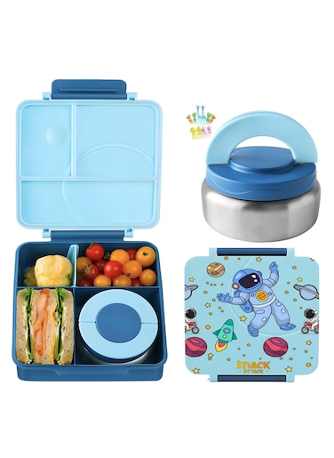 Snack Attack Bento Lunch Box for Kids school with 9.7oz Soup thermos, Leak-proof Lunch Containers with 5 Compartment, thermos Food Jar, Food Containers for School Blue