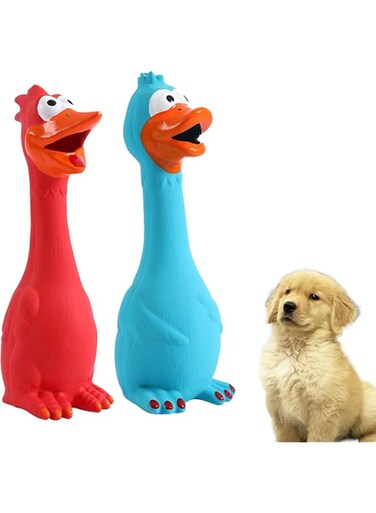 BIGTHREE Squeaking Dog Toy, 2 Rubber Toys for Dogs, Screaming Toy, Animal Sound Latex Toy, Suitable for Interaction with Dogs, Family or Outdoor, Novel and Durable, Red Chicken and Blue Duck.