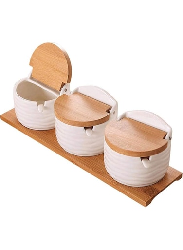 Kitchen Spice Jar, Ceramic Bowl with Bamboo Lids and Sugar Spoons Porcelain Condiment Container, Salt Seasoning Rack Spice Pots Seasoning Box for Home