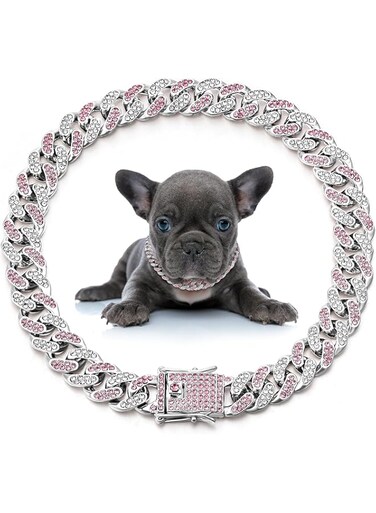 LEIFIDE Dog Chain Collar Diamond Link Dog Collar 12 mm Wide Dog Necklace Metal Cat Chain Pet Crystal Collar Jewelry Accessories for Small Medium Large Dogs Cats (Silver, Pink White,10 Inch)
