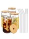 4-Piece Drinking Glasses with Bamboo Lids,Glass Straw and 2 Cleaning Brushes