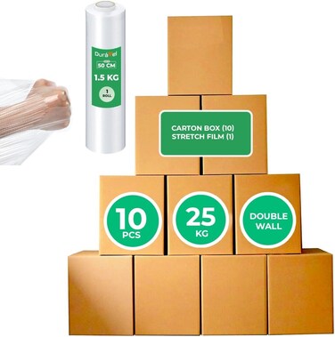Carton Box Set with Stretch Film - 10 Pieces, 25 kg Capacity, Double Wall