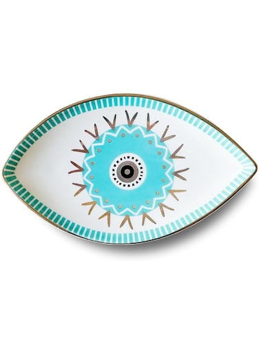Tazweeq Exquisite Small Ceramic Jewelry Tray, Trinket Dish Evil Eye Decor, Gold Plate Ring Holder, Perfume Organizer, Aesthetic Room Decor(Blue)