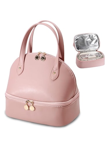 Azonee Lunch Bag for Women, Large Capacity Insulated Lunch Bag with Double Decker Waterproof PU Leather Simple Modern Style Lunch Bag for Work, Picnic, Travel (Pink)