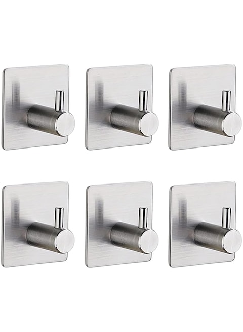 KIBOVAMO Wall Hooks Solid Duty Adhesive Hooks 304 Stainless Steel Hangers Nail Free Utility Hooks,Heavy Duty Stainless Steel Bathroom Sticky Hooks For towels,Kitchen,Clothing,Coats-6 Packs (Silver)