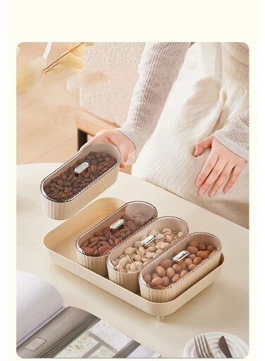 Beige 4-Compartment Snack Box Set   With Removable Serving Tray   Fruit &amp; Nut Storage Platter   For Kitchen/Living Room Use   Airtight Moisture-Proof Lid   Modern Stackable Design   Food Grade PP Material   Dustproof &amp; Odor-Resistant