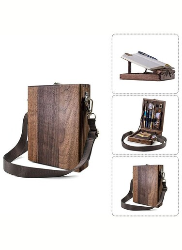 Art Messenger Wood Box, Vintage Portable Wooden Handmade Crossbody Postman Bag, Multifunctional Tabletop Easel Storage Case for Drawing &amp; Sketching