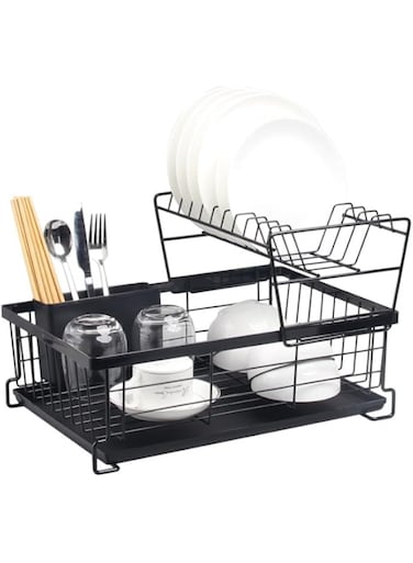 Dish Drying Rack for Kitchen Counter - Double modern cutlery, plate and dish shelving ，Rack with Drain Board &amp; Utensil Holder, Compact Cutlery Dish Drainer Rustproof (Black)