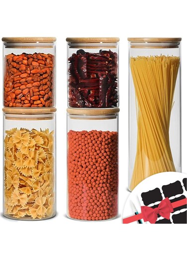 5 pcs Round Glass Storage Jar with Bamboo Lids 600 900 1200 ml, Glass Clear Stackable Containers Kitchen Canisters with Airtight Lid Storages Food Tea Coffee Sugar Salt Spices Pasts Beans
