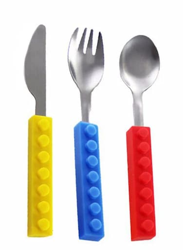 Stainless Steel Kids Cutlery Set with Silicone Building Block Handles Fun Safe Educational Toddler Utensils Soft Stackable Handles (Knife/Fork/Spoon)
