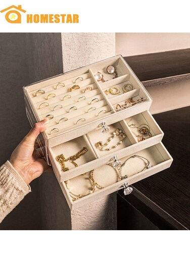 Acrylic Jewelry Organizer Box with 3 Drawers, Clear Jewelry Boxes for Women Earring, Rings, Bangle Bracelet and Necklace Holder, Beige