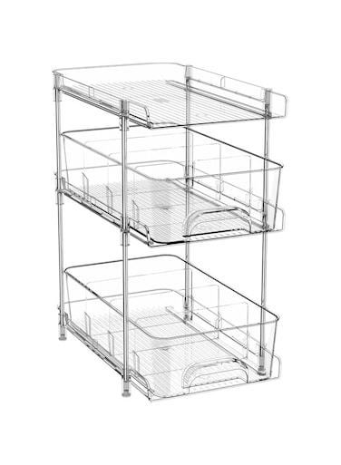 . 3 Tier Multi-Use Under Kitchen Cabinet Storage Shelf,Bathroom Storage Organizer with Dividers,Pull Out Cabinet Organizer for Bathroom Kitchen Pantry Storage,Cosmetic Organizer Medicine Bins