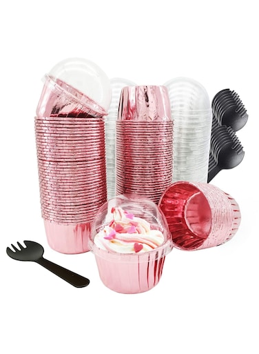 seven Rose Gold Cupcake Liners with Dome Lids - 3.5oz Mini Foil Baking Cups for Parties, Weddings, and Birthdays - Disposable Muffin Cups with Spoons - 100 Pack