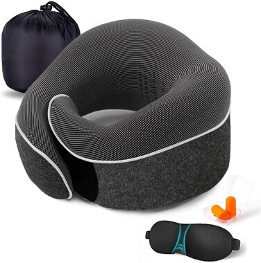 Travel Neck Pillow, Chin Support, Adjustable 100% Pure Memory Foam, Ergonomic Design, Soft Full Neck Surround Pillow for Home, Airplanes, and Car (Black)