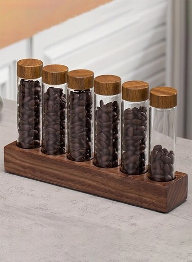 Coffee Bean Jars Airtight Glass Storage Set 6pcs Large Containers with Walnut Wood Stand Spice Tea Kitchen Organizer