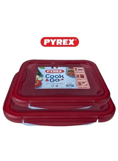Cook &amp; Go Storage Dish Set - 0.8L &amp; 1.9L Rectangular Glass Containers with Airtight Red Lids Red