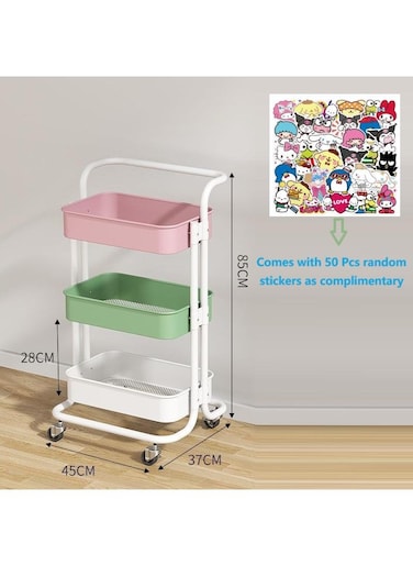 3-Tier Metal Rolling Storage Cart Trolley Kitchen Organizer Rolling With Random 50Pcs Stickers Trolley Cart Office Cart Kitchen Utility Carts For Office, Classroom, Home, Bathroom