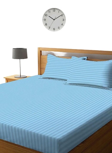 Sky Blue Striped Sheets Set Deep Pockets Machine Washable Soft Cotton180x200+25cm