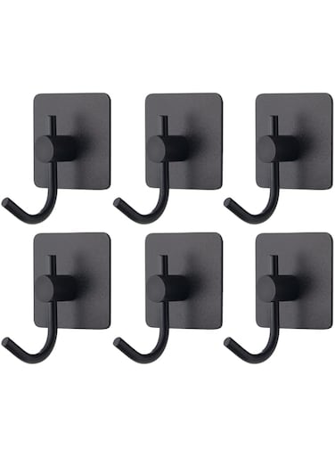 VAEHOLD 6 Pack Adhesive Wall Hooks, Heavy Duty Sticky Holder Aluminum Towel Hooks for Hanging Coat, Hat, Key, Clothes, Closet Hook Wall Mount for Kitchen, Bathroom, Office (Black)