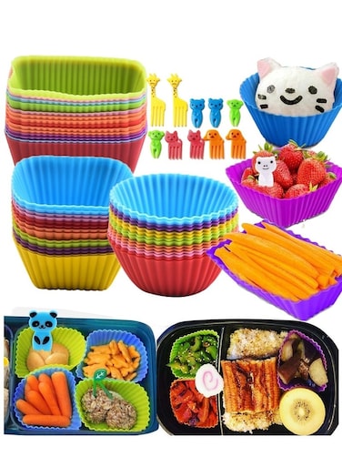 36Pcs Silicone Lunch Bento Box Dividers with 10 Cute Fruit Forks, Durable, Reusable, BPA-Free, Freezer and Dishwasher
