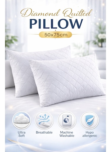 Hotel-quality White Bed Pillows, Diamond Quilted for Side &amp; Stomach Sleepers, Hypoallergenic, Soft &amp; Fluffy, Lightweight &amp; Breathable with Durable Polyester Filling for Supreme Comfort (50x75 cm) &acirc;&euro;&ldquo; Pack of 1 &amp; 2