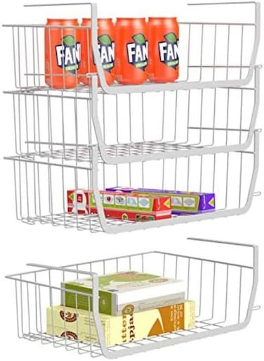 Stackable Under Shelf Basket, Ispecle Stackable Wire Storage Basket 4 Pack Save Space Hanging Baskets For Storage Pantry Organization, Easy To Install