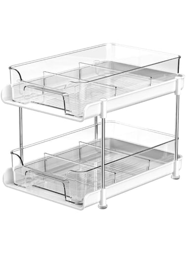 2 Tier Under Sink Organizer, Bathroom Under Sink Organizers and Storage, Pull Out Sink Shelf Cabinet Storage Shelves, Multi-Purpose Kitchen Pantry Organizer and Storage with Movable Divider, White