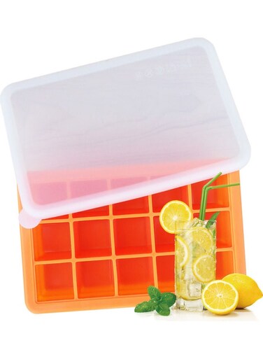 Ice Cube Trays Release Silicone 15 Grids Ice Trays with Spill-Resistant Removable Lid Stackable DIY Home Ice Cube Molds for Chilled Drinks Orange 19.5*4*12.5cm