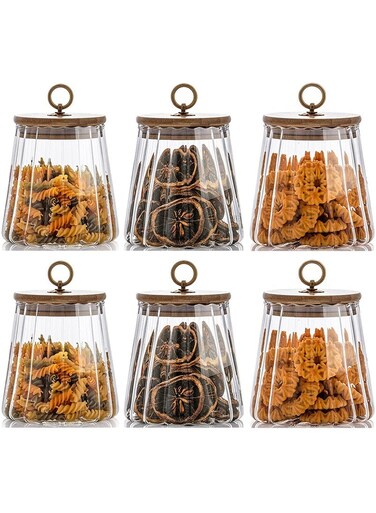 6PCS 650ml Glass Storage Jar with Bamboo Lid, Airtight Storage Container, Glass Food Storage Jar, Kitchen Canisters for Coffee, Tea, Grains (Trapezoid)