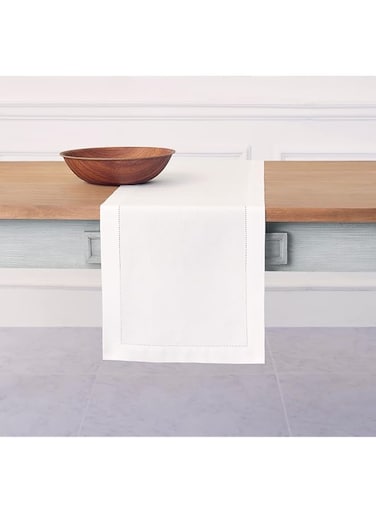Solino Home Cotton Linen Hemstitch Table Runner &ndash; 14 x 36 Inch White Table Runner for Spring, Summer, Dining, Living, Wedding &ndash; Handcrafted from Natural Fabric and Machine Washable