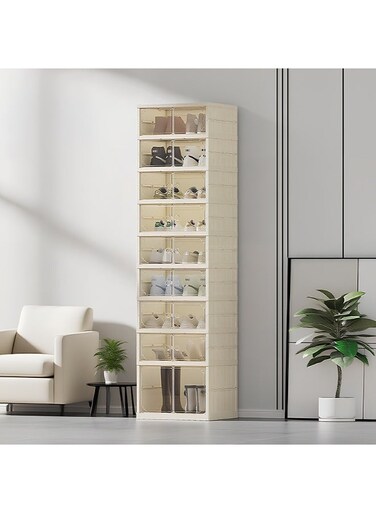 East Pack of 9 - 1 Tall + 8 Short Sturdy Clear Shoe Storage Organizer, Stackable Boxes for Closet, Foldable Space-Saving Shoe Rack for Sneaker Boot Container